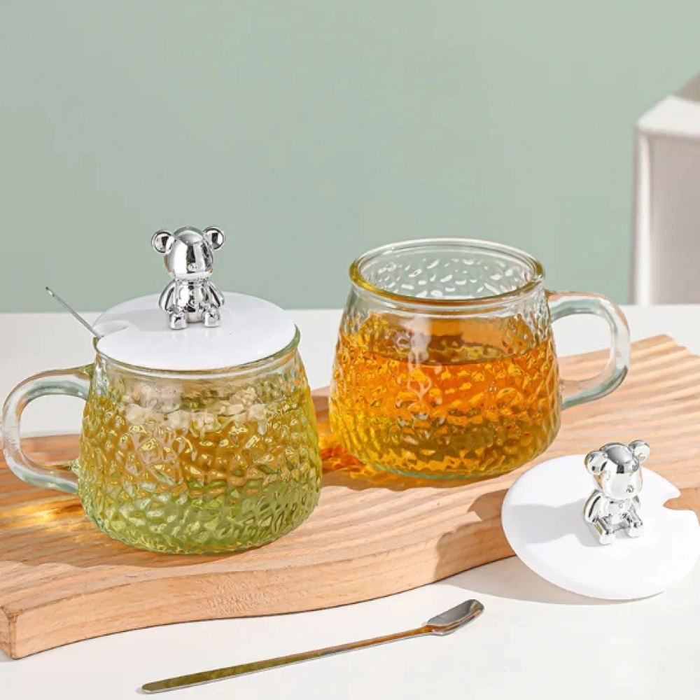 Bear Glass Cup 400ml Hammer Pattern Coffee Cups Drinkware Tea Mugs with Handle Transparent Glass Champagne Cup with Lid