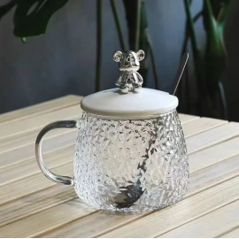 Bear Glass Cup 400ml Hammer Pattern Coffee Cups Drinkware Tea Mugs with Handle Transparent Glass Champagne Cup with Lid