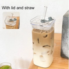 Square Heat Resistant Coffee Glass Cup With Lid and Straw Transparent Milk Tea Juice Cups Coffee Mug For Home Bar Drinkware