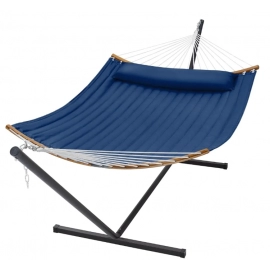 Curved-Bar Hammock with Stand, 2 Person Heavy Duty Hammock Frame, Detachable Pillow, Navy Blue Hammock