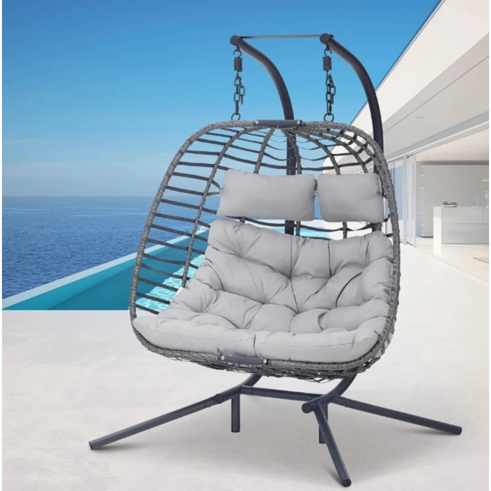 2 Person Hanging Egg Chair with Stand, Patio Hand Made Rattan Wicker Double Egg Swing Chairs Hammock Chair, Egg Chair