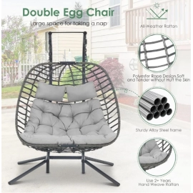 2 Person Hanging Egg Chair with Stand, Patio Hand Made Rattan Wicker Double Egg Swing Chairs Hammock Chair, Egg Chair