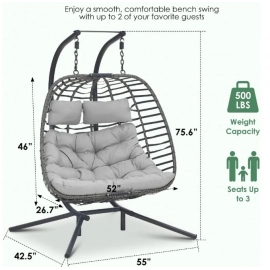 2 Person Hanging Egg Chair with Stand, Patio Hand Made Rattan Wicker Double Egg Swing Chairs Hammock Chair, Egg Chair